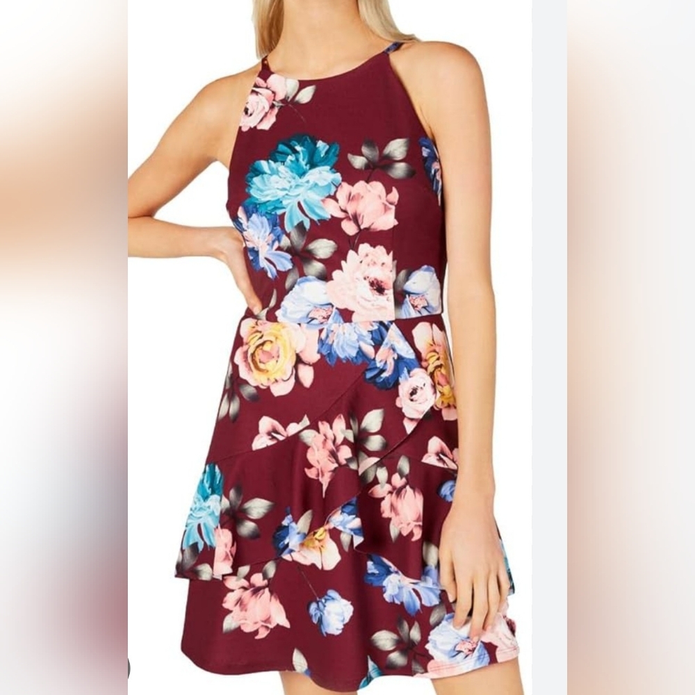 CLEAN!!BCX, Maroon Floral Halter Ruffle Mini Dress. Size 5